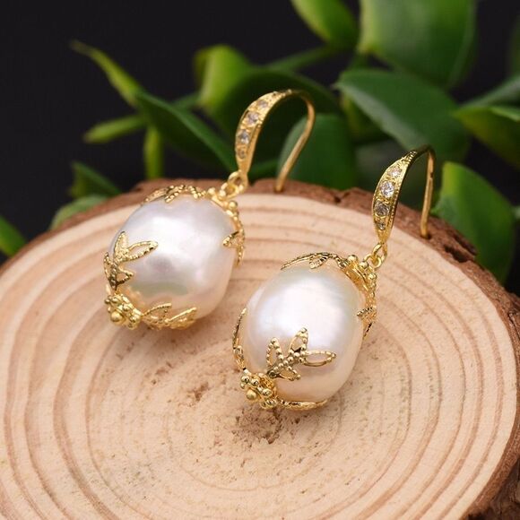 925 Sterling Silver 18K GP Elegant Pearl Earrings Hook - Picture 3 of 7